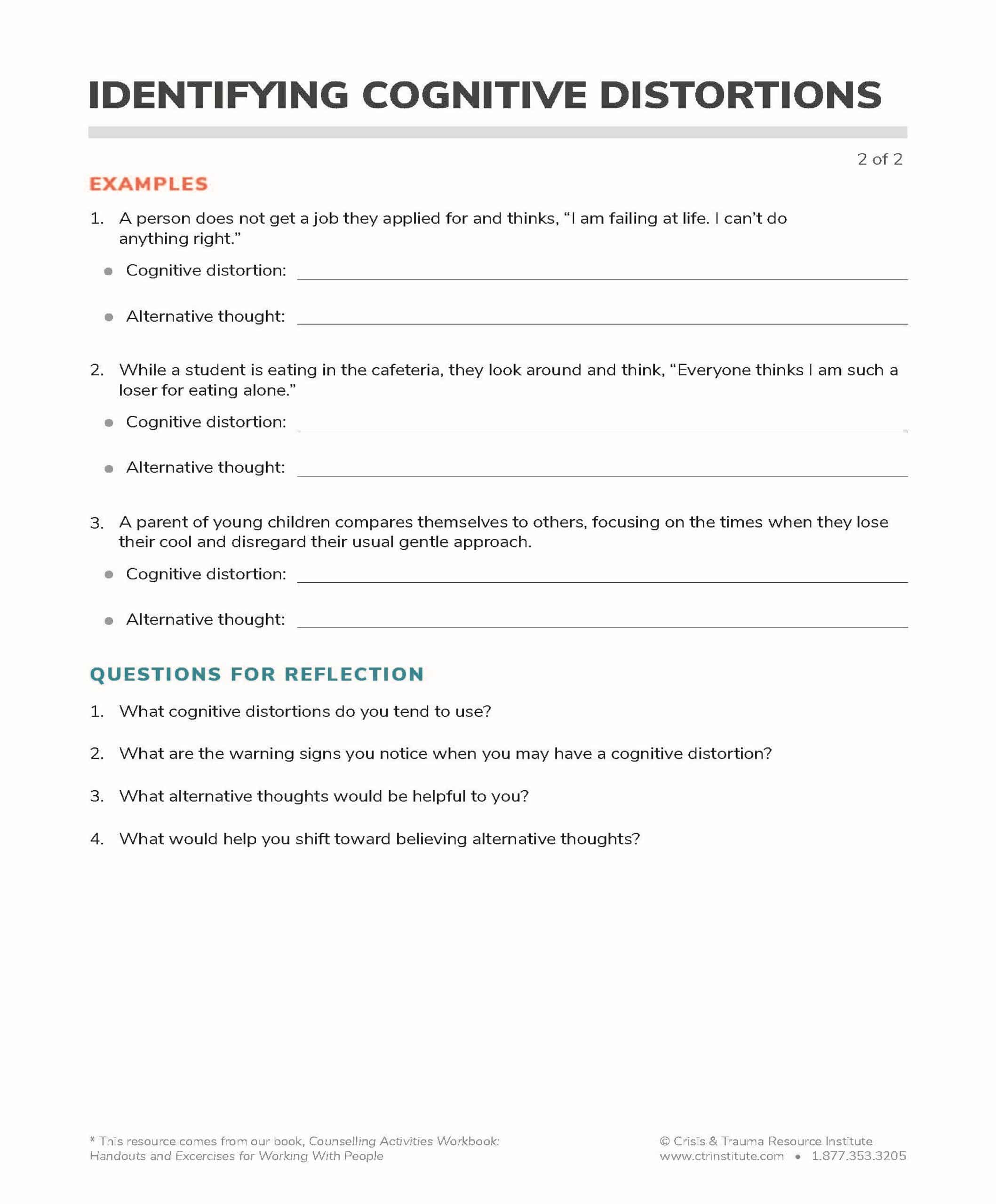 Identifying Cognitive Distortions Free Printable Handout Image