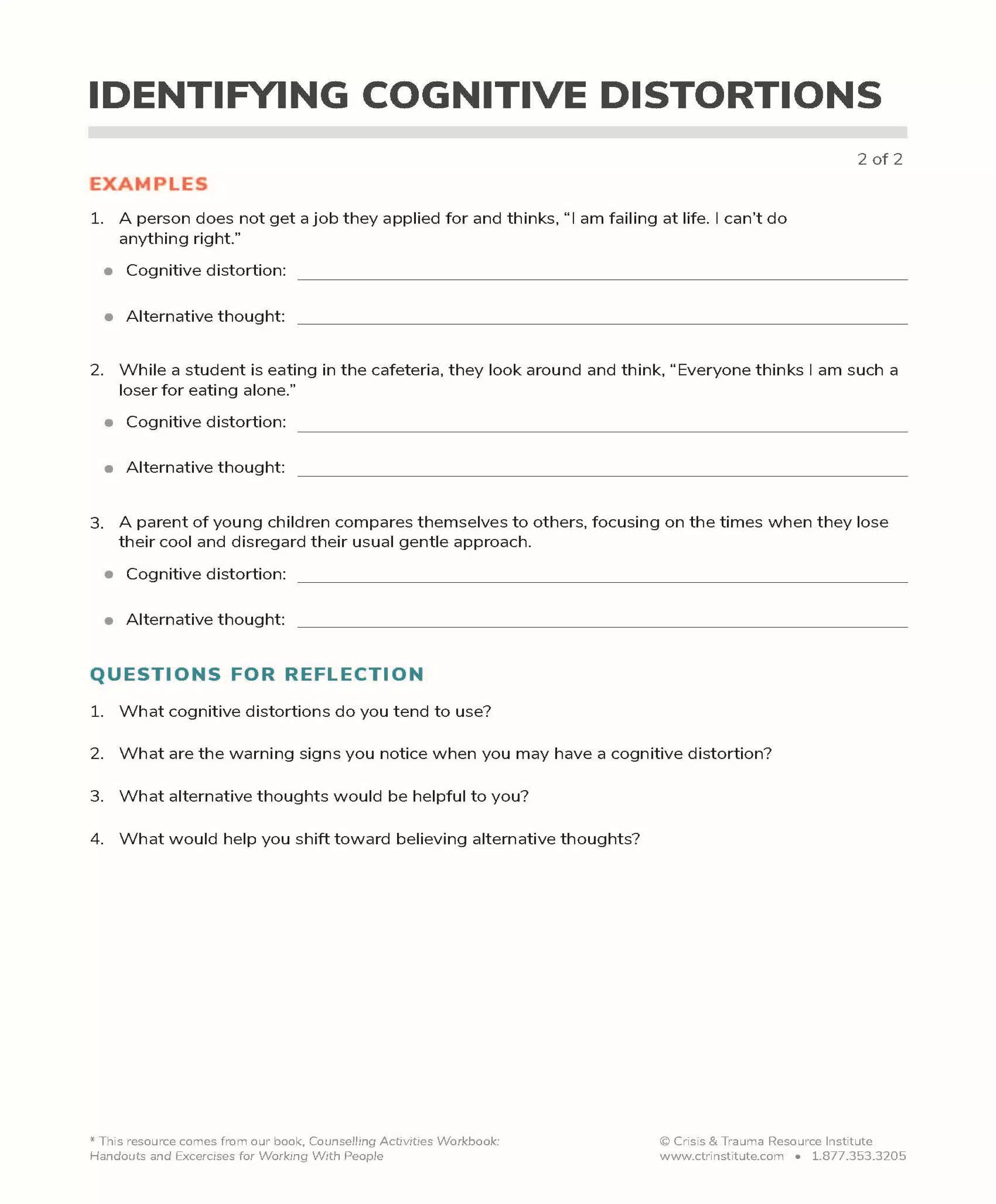 Identifying Cognitive Distortions Free Printable Handout Image