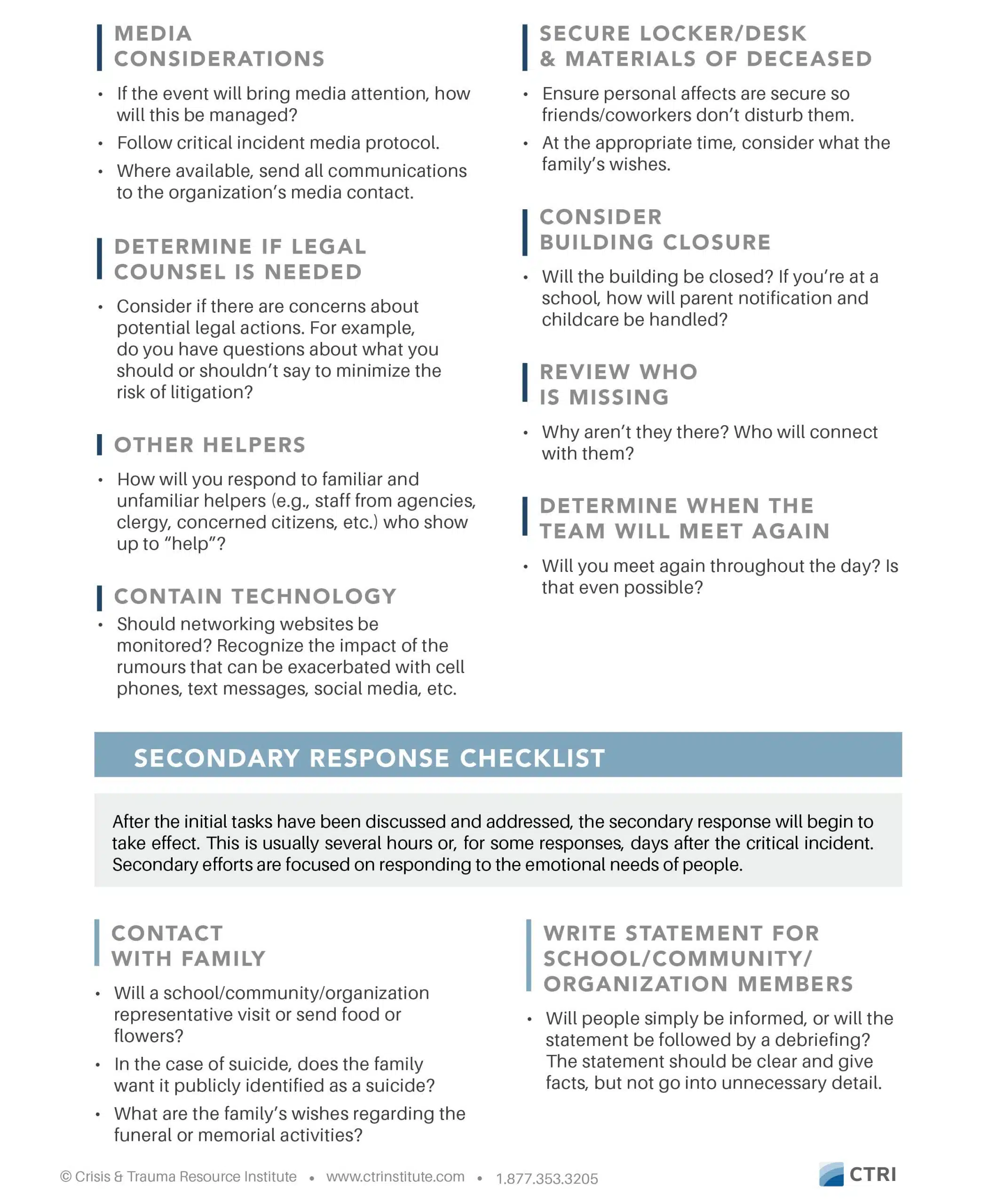 Crisis Response Checklist Printable handout page 2 image