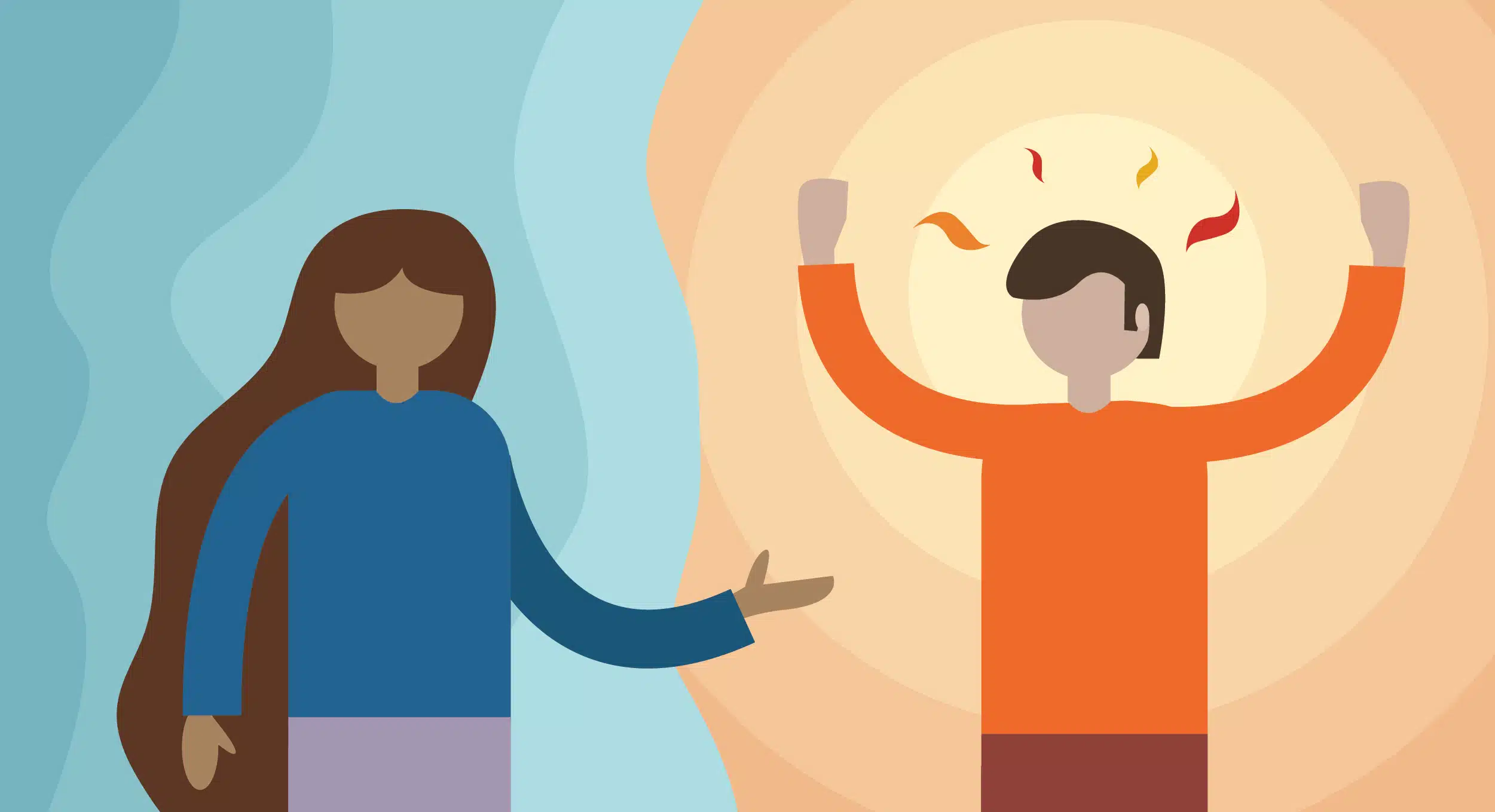 Illustration of person with light blue waves around them signifying calm talking to someone in orange with orange circles around them signifying anger. The calm person is attempting to de-escalate or calm the angry person. For CTRI's E-learning E-Course De-escalating Potentially Violent Situations