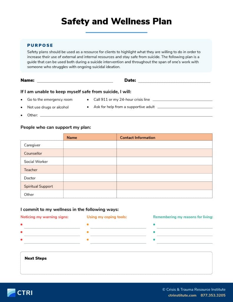 Handout Safety and Wellness Plan for CTRI Counselling Insights Book