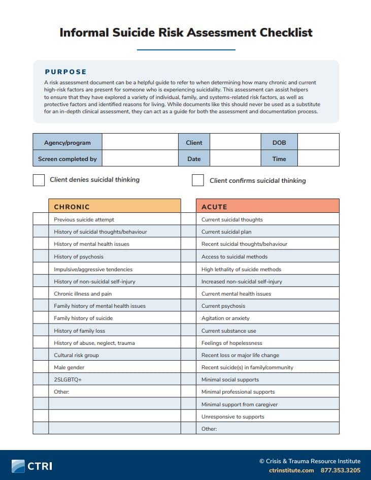 Informal Suicide Risk Assessment Checklist p1 Hand Out from CTRI Counselling Insights Book