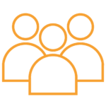 Orange outline icon of 3 people of a team using CTRI Crisis and Trauma Resource Institute for crisis prevention and trauma-informed workplaces