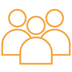 Orange outline icon of 3 people of a team using CTRI Crisis and Trauma Resource Institute for crisis prevention and trauma-informed workplaces
