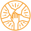 orange icon of 5 hands reaching together