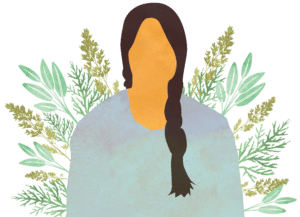 Illustration of a woman in the foreground with with an assortment of plants behind her.