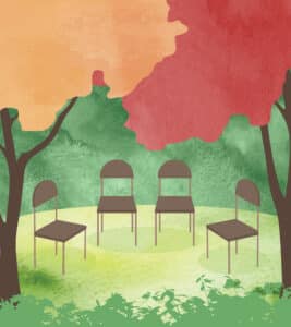 A group of illustrated chairs in a circle with fall colored trees above them in a forest.