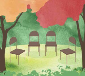 A group of illustrated chairs in a circle with fall colored trees above them in a forest.